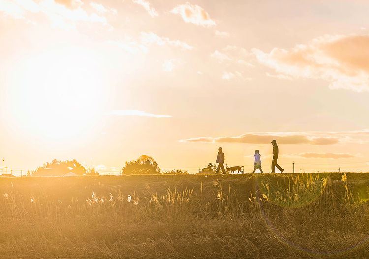 Family with dog on walking on field against sky during sunset