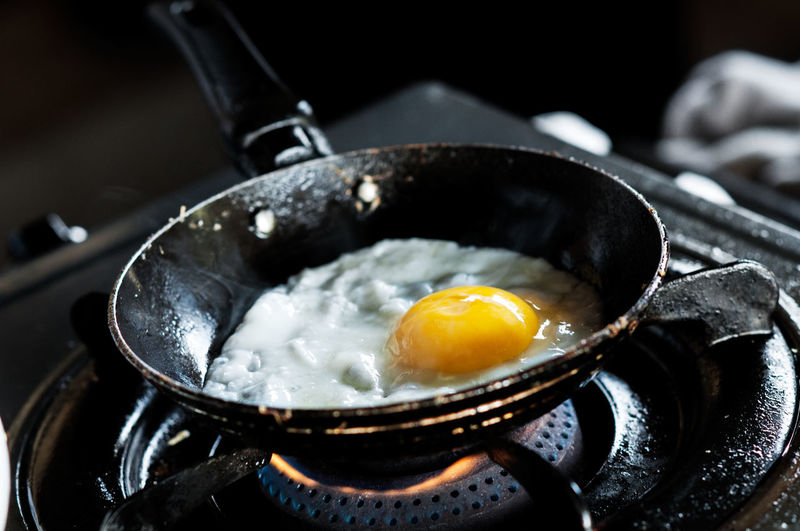 Close-up of egg in frying pan