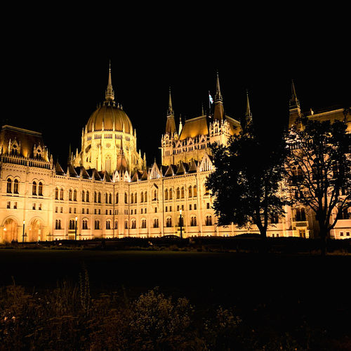 View of city lit up at night
