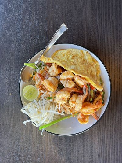 High angle view of meal served in plate on table