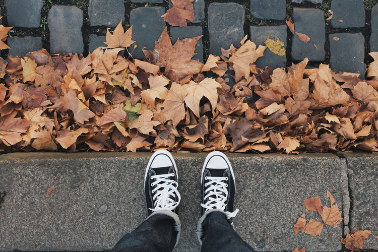 Low section of man standing on footpath during autumn