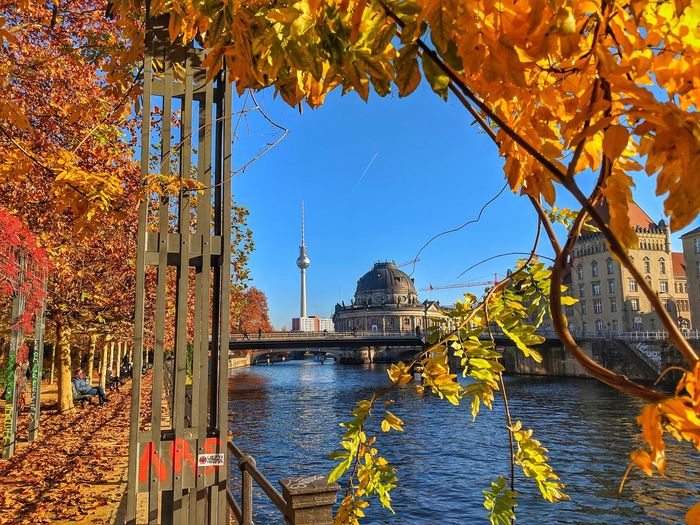 Scenic view of river by buildings during autumn