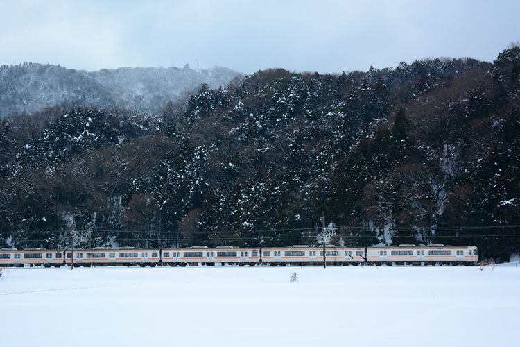 A local train running in snowy landscape of maibara, shiga