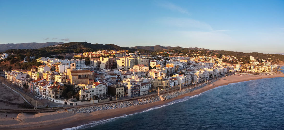 Aerial panoramic view of sant pol de mar village in el maresme coast, catalonia