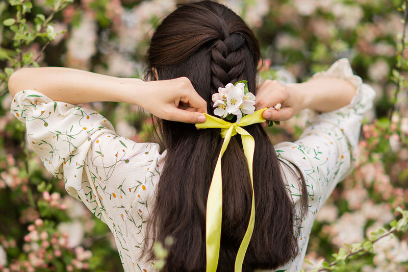 Hair ribbon, yellow ribbon, long hair, spring garden, flowering tree, hair braid, apple orchard