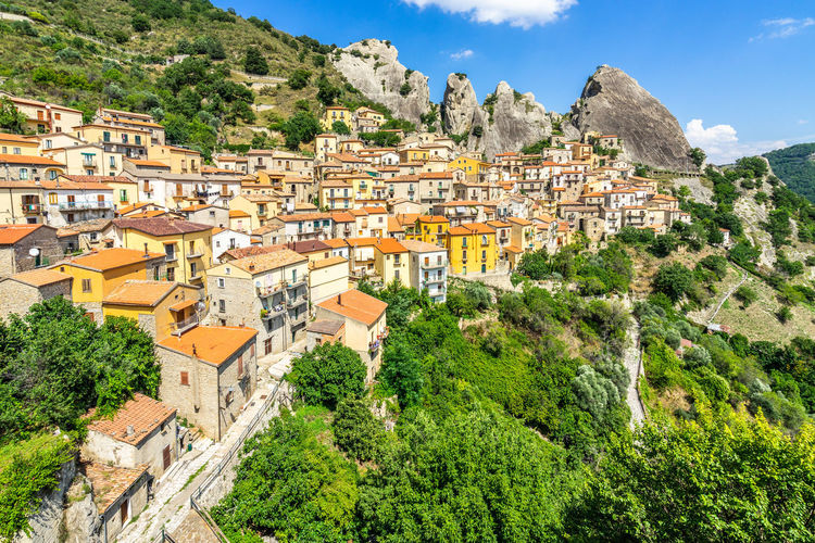 Scenic panoramic view of castelmezzano, a village in the heart of dolomiti lucane, basilicata, italy