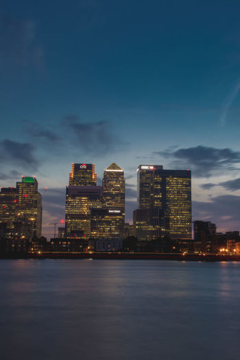 View of city lit up at night