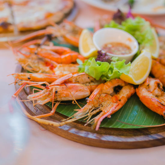 High angle view of seafood in plate on table
