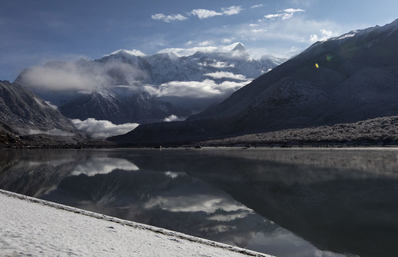 Scenic view of lake and mountains against sky