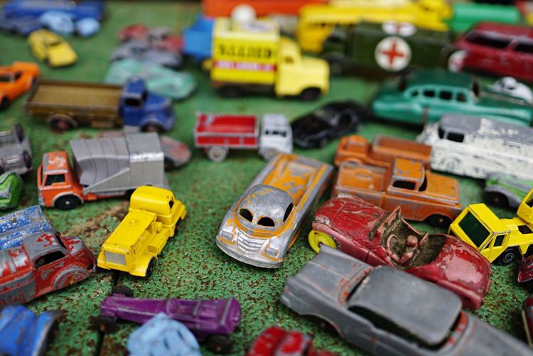 High angle view of toy vehicles