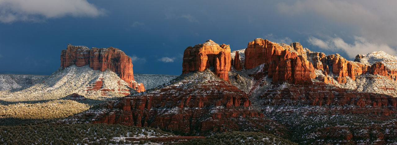 Panoramic view of cathedral rock with snow in sedona, arizona