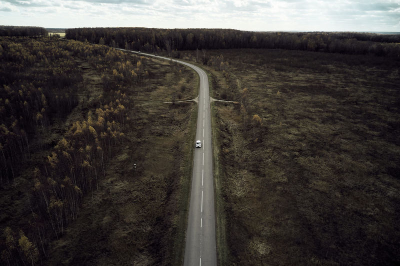 Drone view of car driving on narrow asphalt roadway between fields with tall trees in grove in nature against cloudy sky