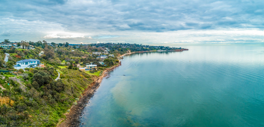 Aerial panorama of mornington peninsula coastline on winter overcast day in melbourne, australia