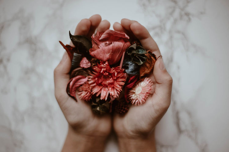 Close-up of cropped hands holding flowers