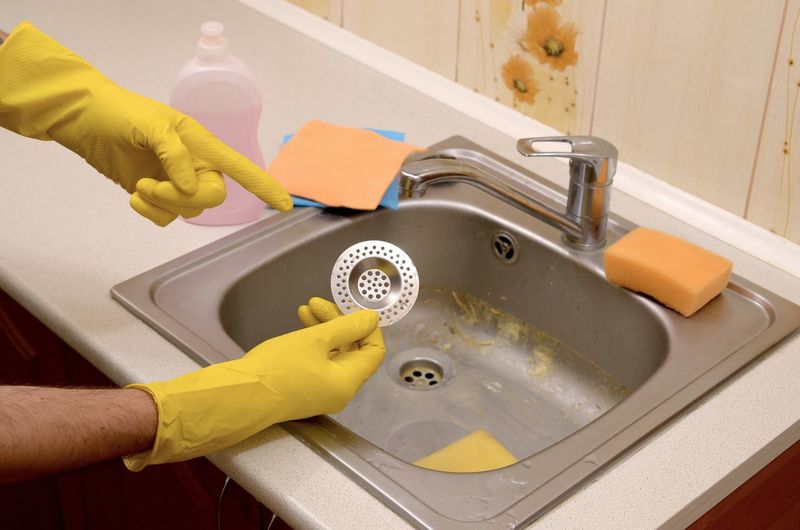 High angle view of man cleaning sink at home