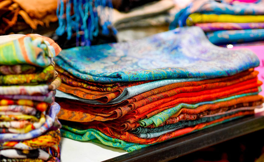 Full frame shot of multi colored fabrics for sale