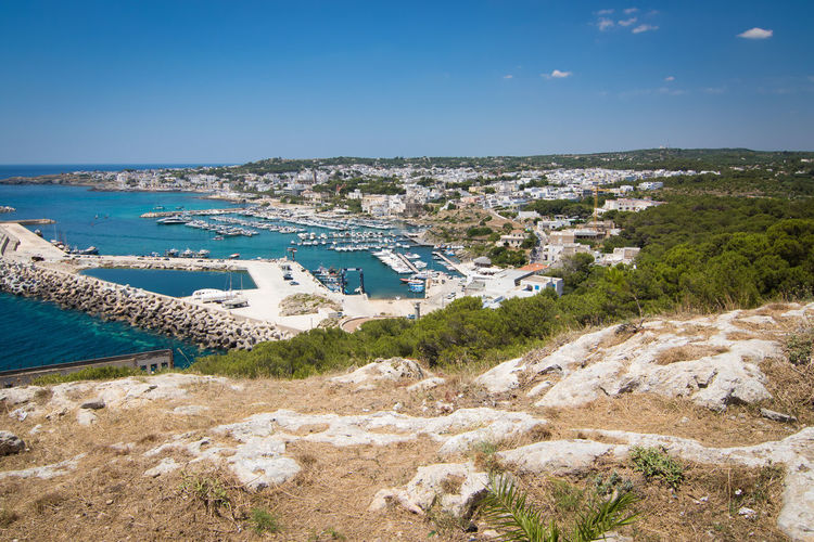 View over marina and town santa maria di leuca - southernmost point in italy, region puglia