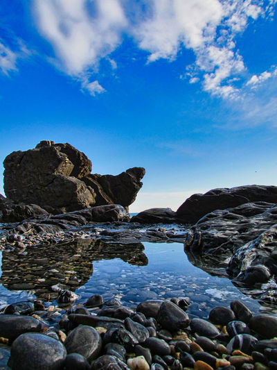 Rocks in sea against blue sky