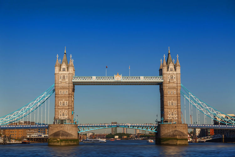 Tower bridge over thames river against clear blue sky during sunset