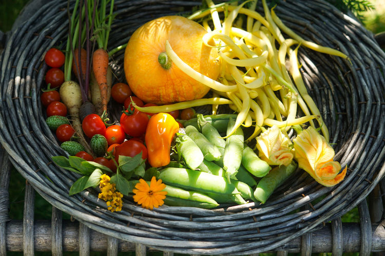 High angle view of vegetables in basket on table