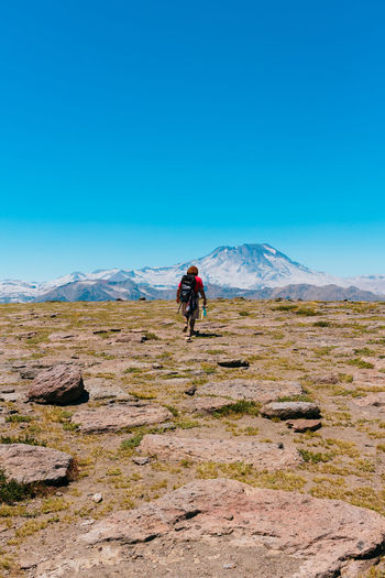 Rear view of male hiker walking on mountain against clear blue sky