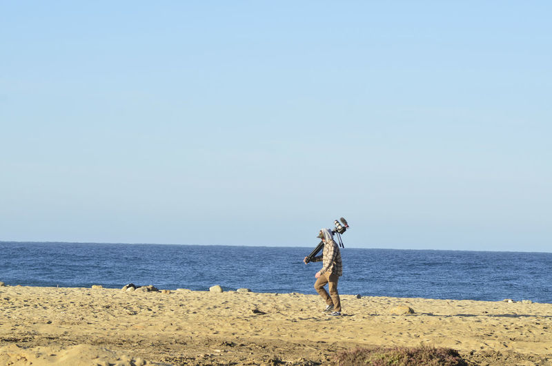 Young man carries video camera on tripod over hwalking on ocean beach in baja california sur, mexico