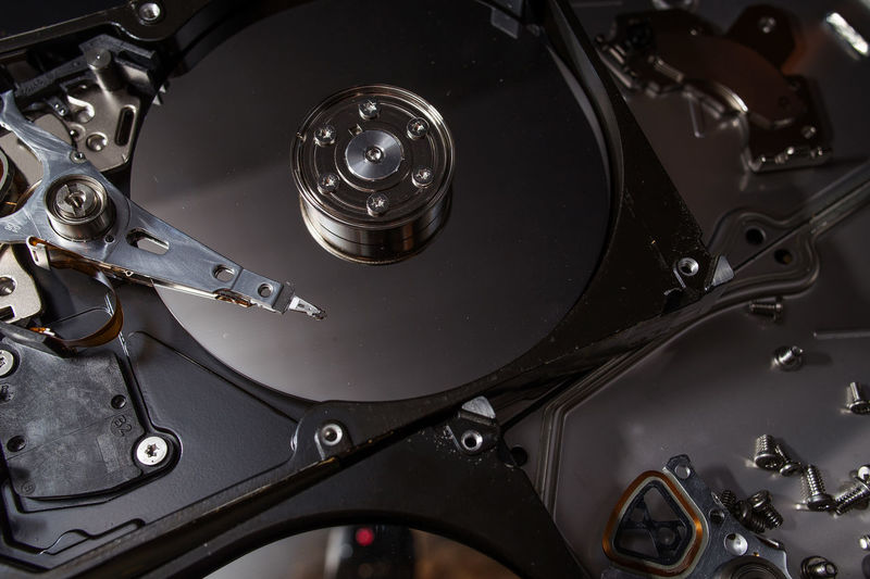 Close-up of open hard drive