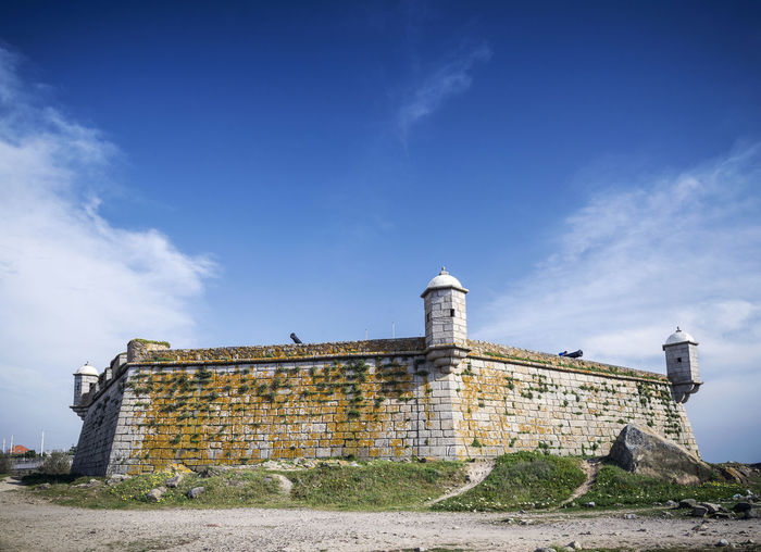 Low angle view of old building against blue sky