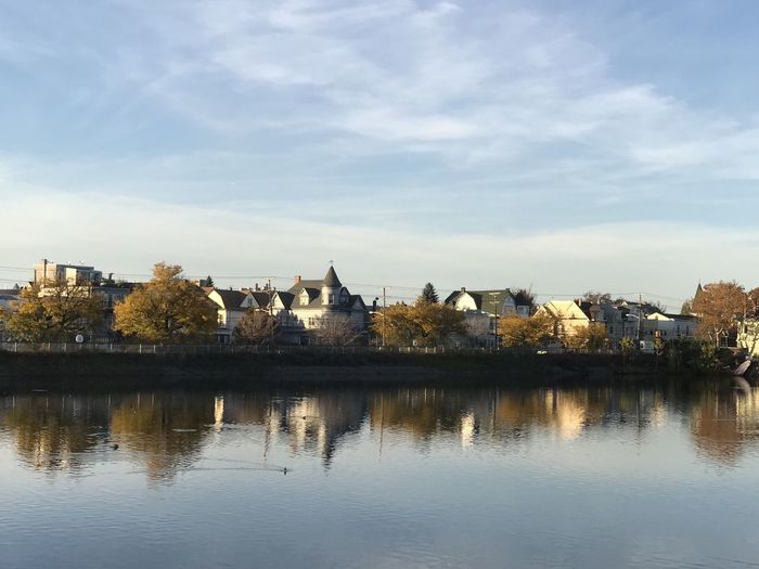 Reflection of buildings in lake