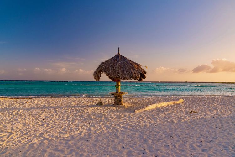 Scenic view of beach against sky during sunset