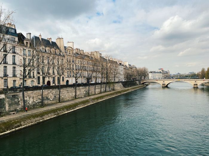 Paris riverbanks, seine river, bridge and perspective, ile saint louis, cityscape, panoramic view 