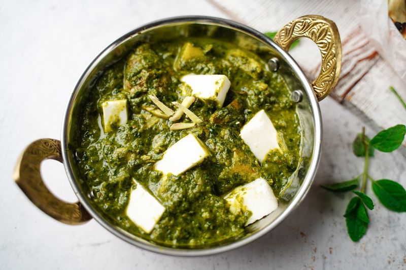 Homemade palak paneer / spinach with cottage cheese overhead view