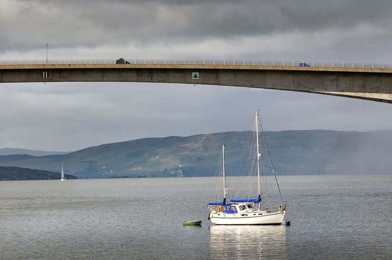 Sailboat on bridge over sea against sky