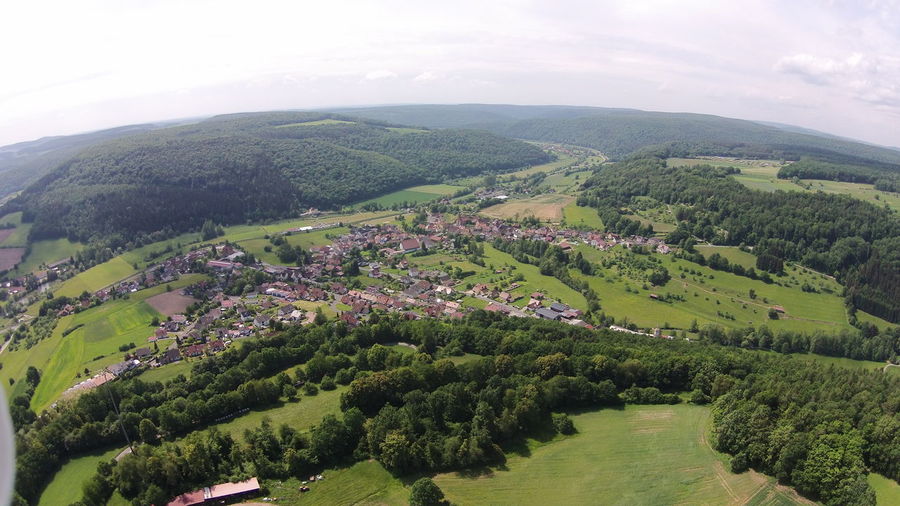 High angle view of agricultural field against sky
