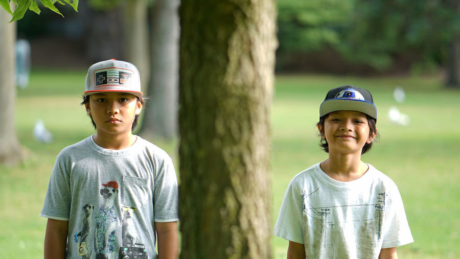 Portrait of brothers at park