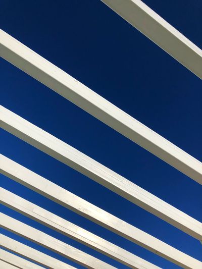 White wooden ceiling planks against blue sky