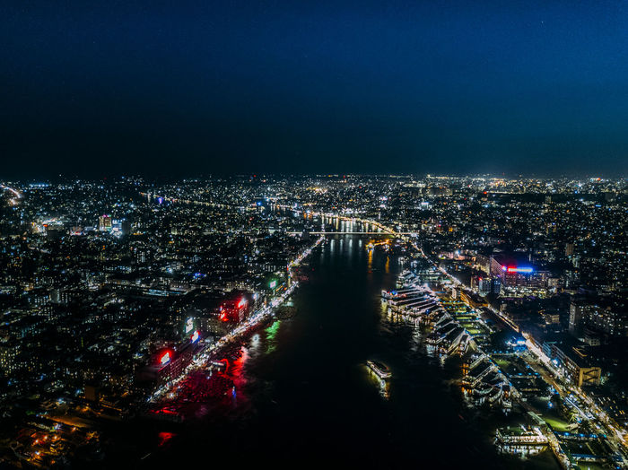 High angle view of dhaka city lit up at night
