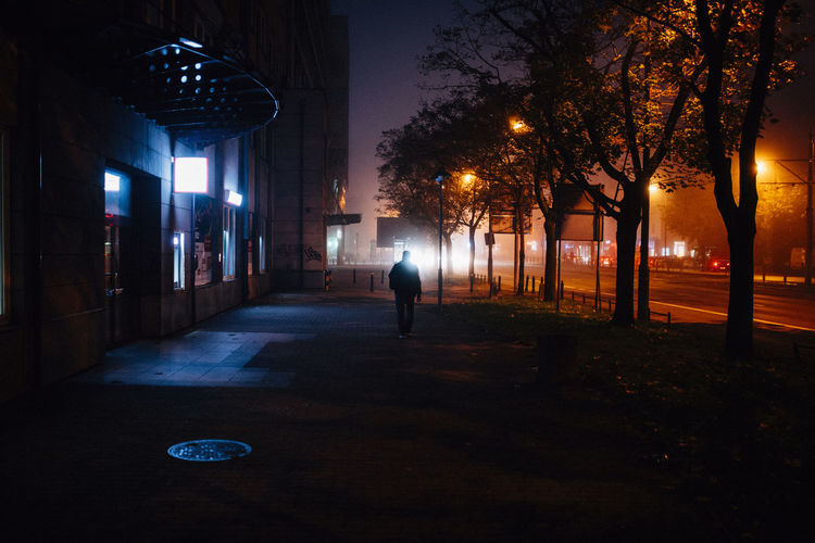 Rear view of man walking on illuminated street at night