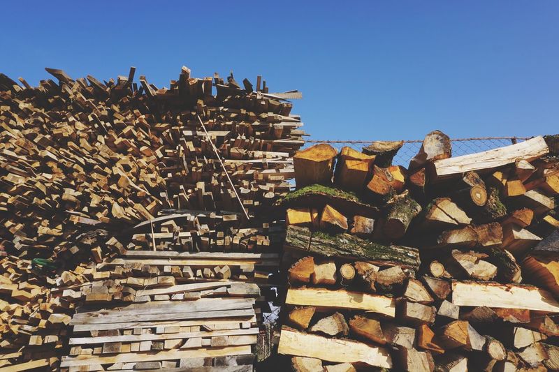 Low angle view of log stack against clear blue sky