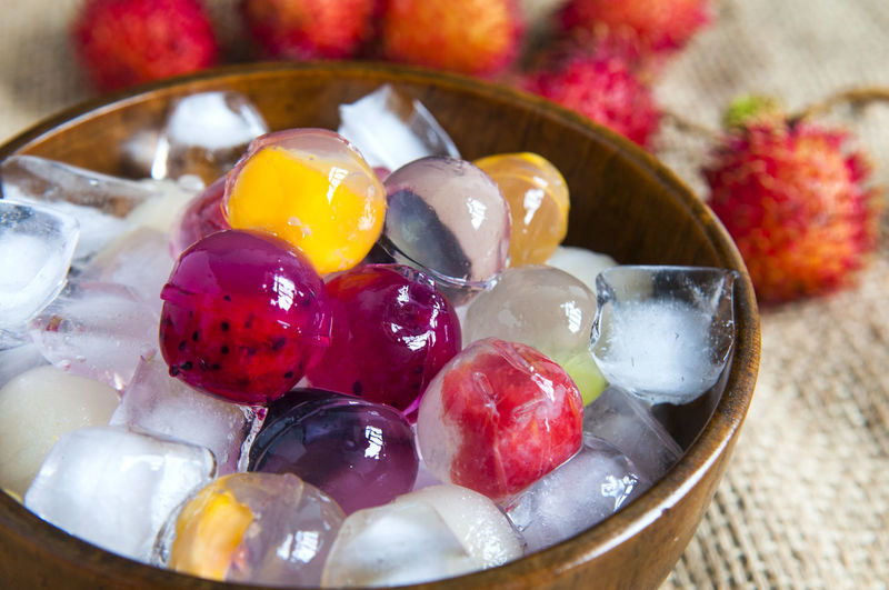 Close-up of fruit jelly in bowl on table