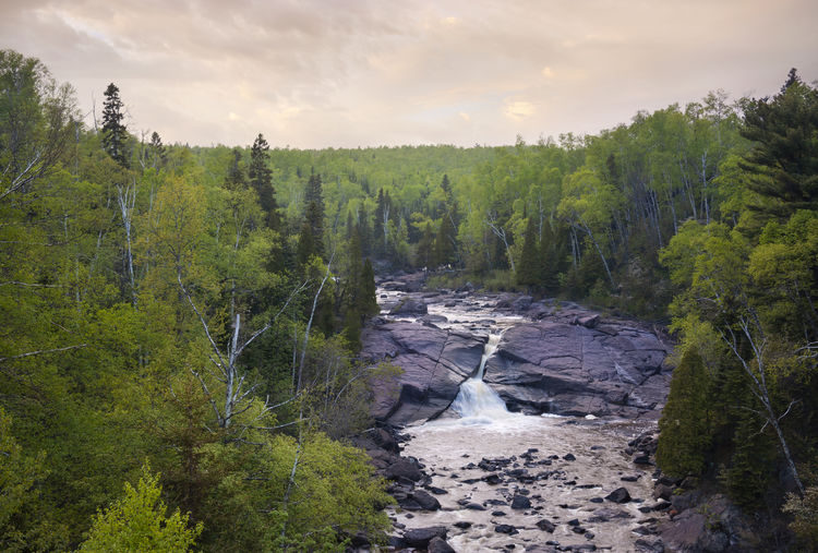 High angle view of waterfall and trees along north shore of lake superior in minnesota