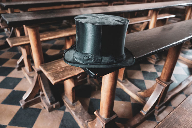 High angle view of hat on bench