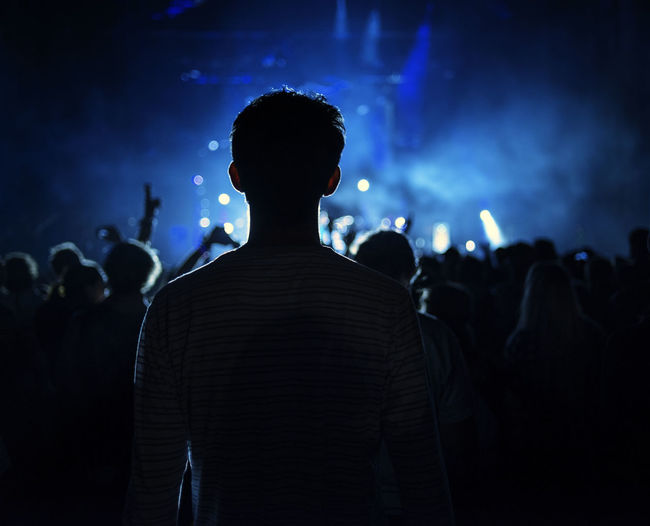 Rear view of people enjoying music concert at night