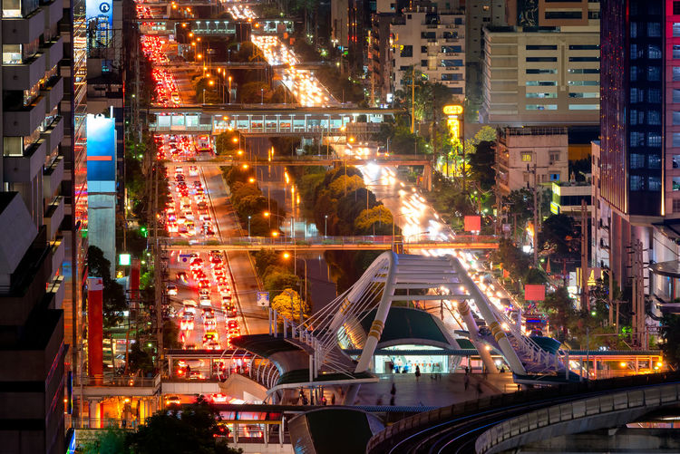 High angle view of illuminated buildings at night