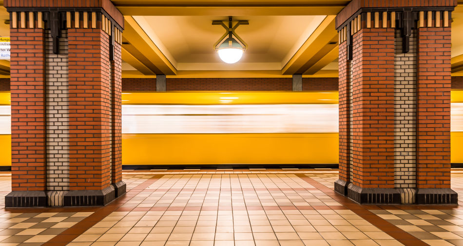 Blurred motion of train at subway station