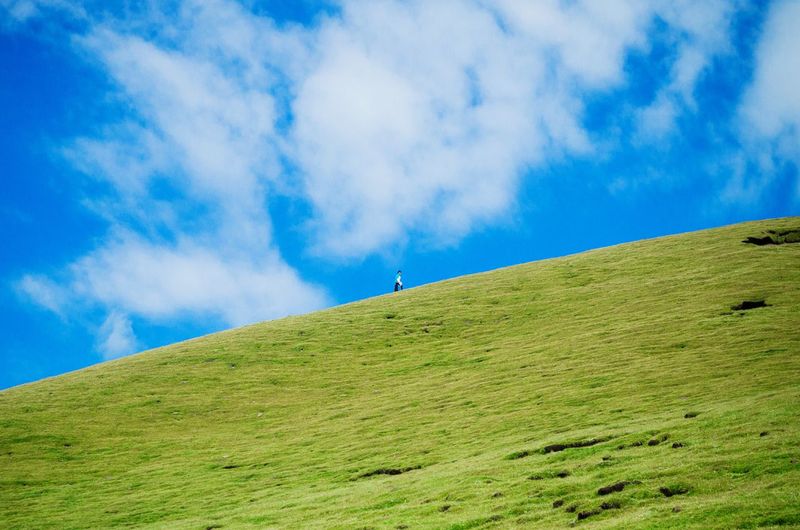 Distant view of man climbing green hill at tibetan plateau