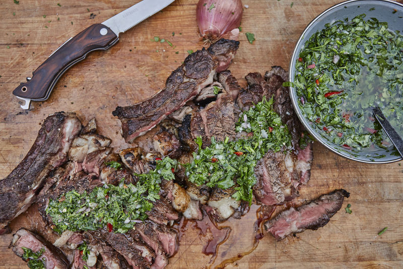 Grilled steak with homemade chimichurri sauce