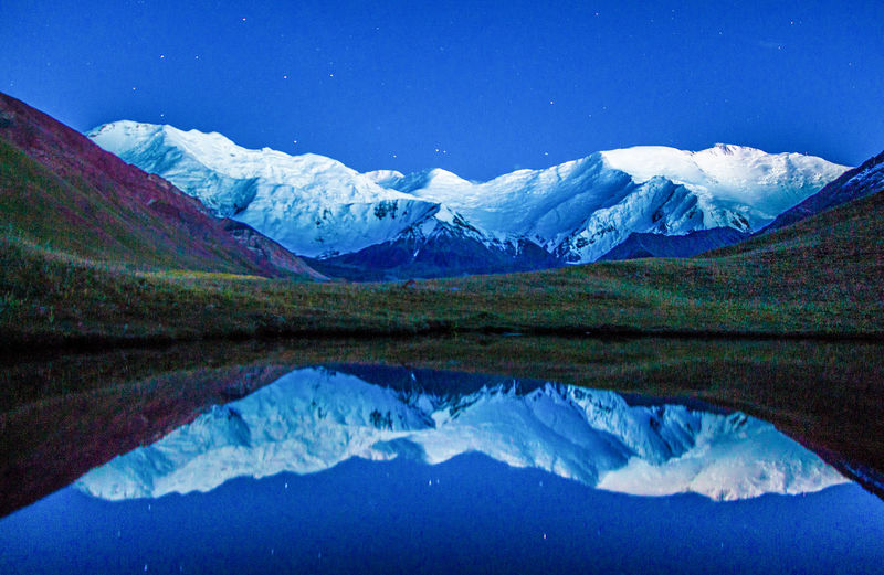 Reflection of snowcapped mountain on lake against sky