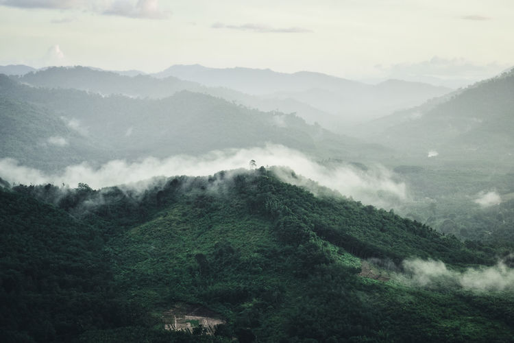 High angle view of the mountains and fog after the rain