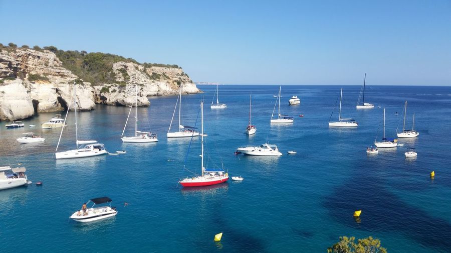 High angle view of boats on sea against sky